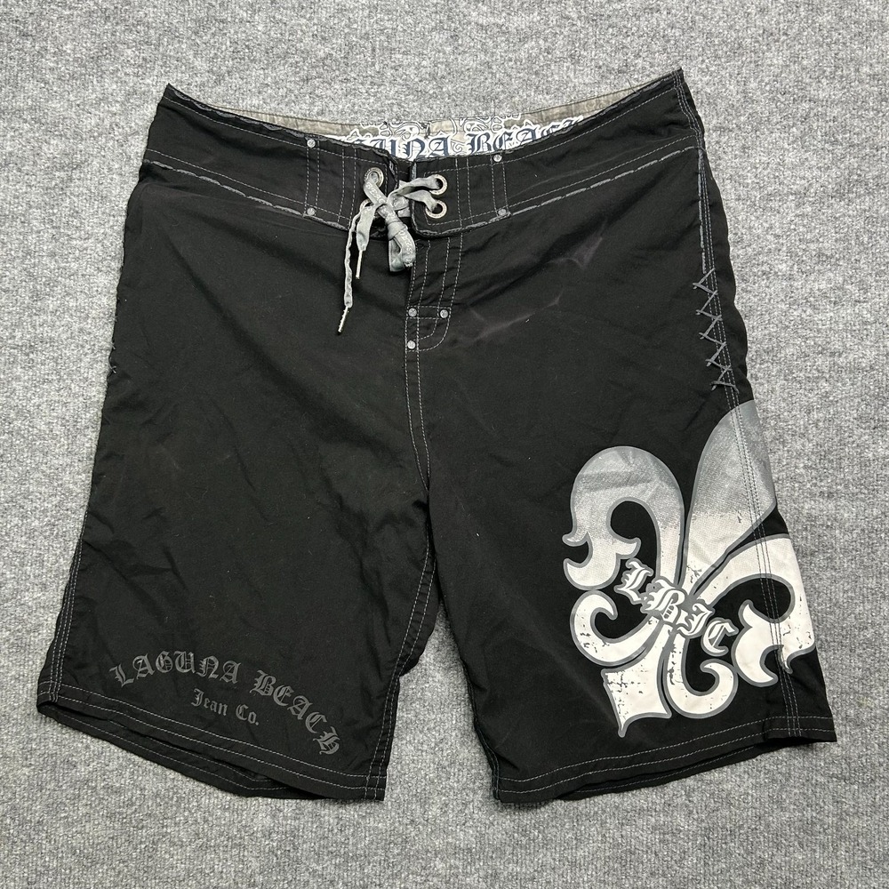 Laguna Beach Jean Co. Fleur-de-Lis Board Shorts Men's Black Swimwear Y2K - W38